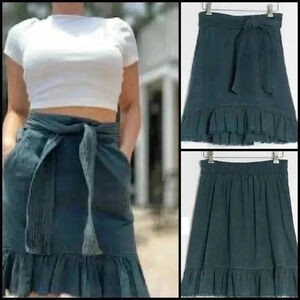 Anthropologie Pilcro Amora Ruffled Mini Black Motif Frayed Tie Waist Skirt Sz S